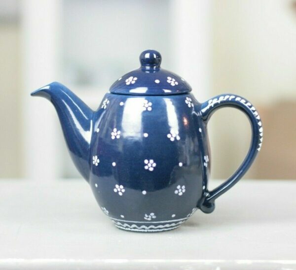 Gmundner Keramik Kaffeekanne Kanne Teekanne blau weiß Punkte Streublume