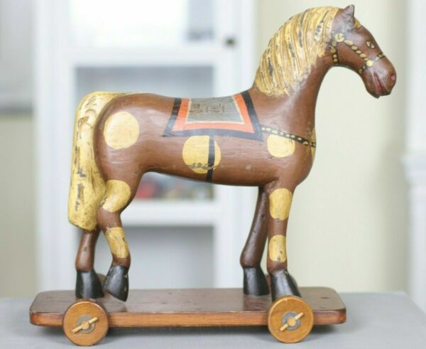 Holzpferd handbemalt Rollen trojanisches Pferd Schaukelpferd Höhe 31,5cm