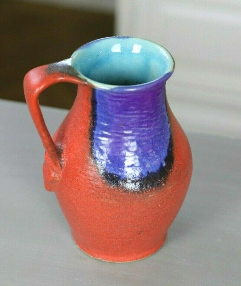 Keramik Krug Vase Fat Lava rot mid century 70er 70s pottery ceramic jug rot blau