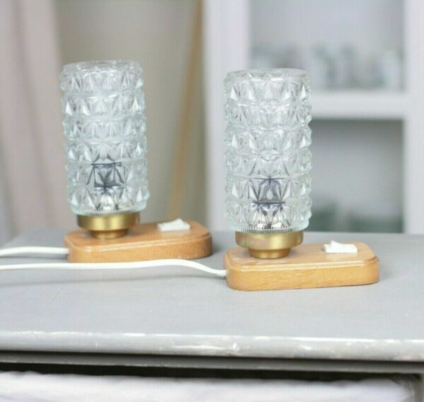Paar Rockabilly Messing Opalglas Holz Tischleuchten Tischleuchte Tischlampe 50er