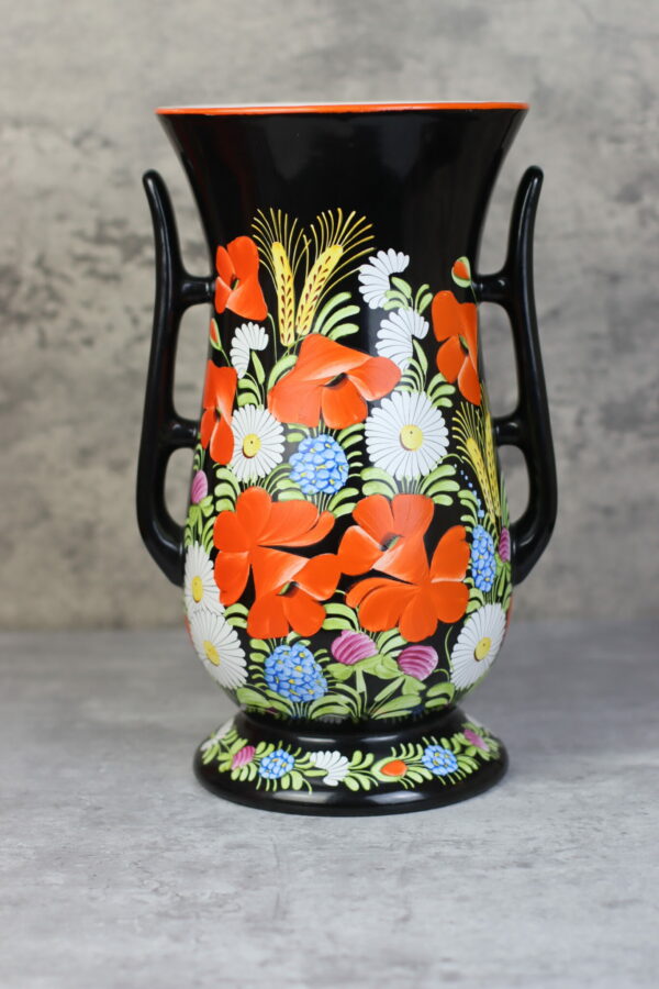 Chodovia Domazlice Vase Schwarz Mohn Vintage Keramik Handbemalt